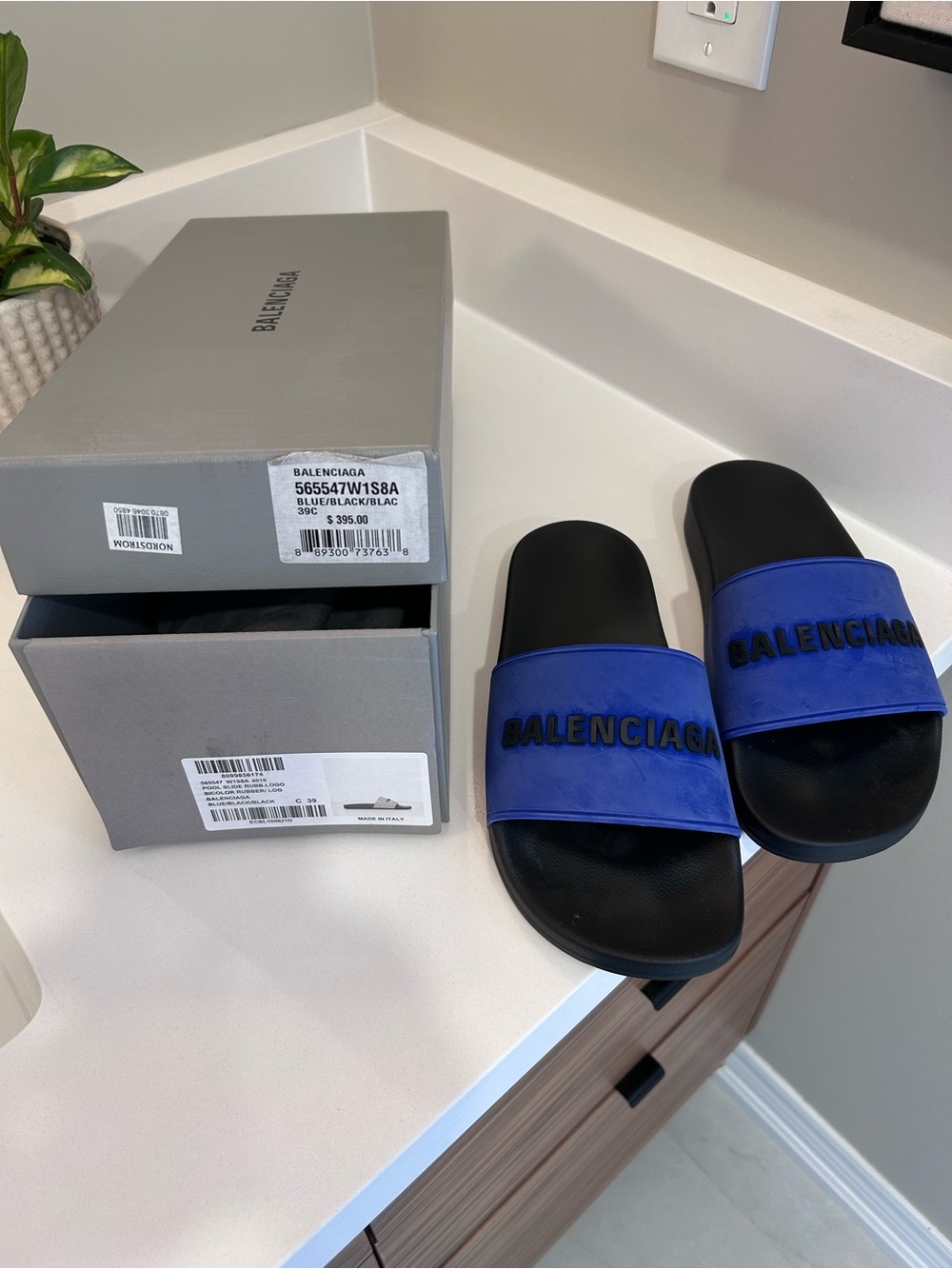 Balenciaga Blue and Black Logo Slide Sandals